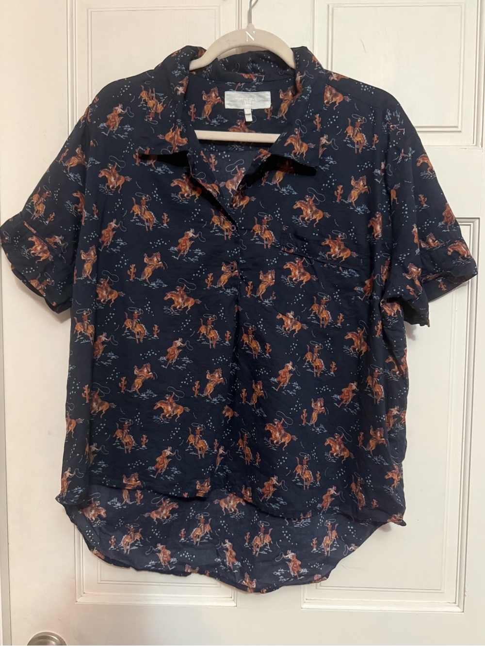 THE GREAT. Navy Button-Down Shirt with Rust Western Horse Print